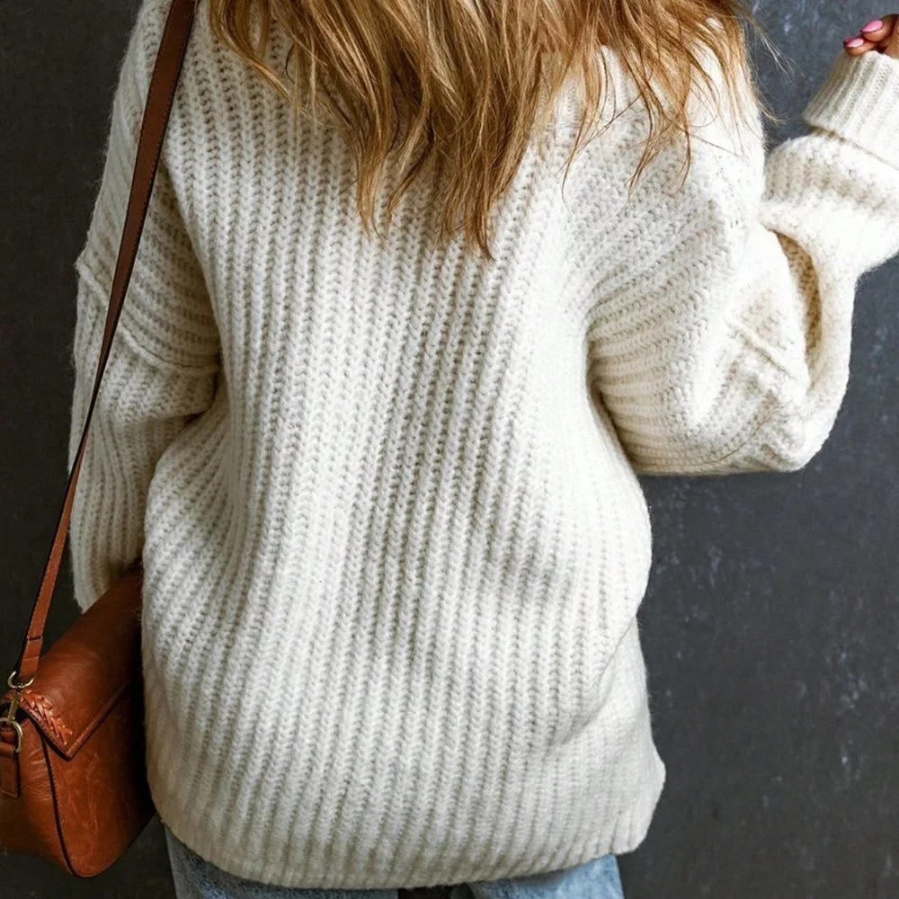 White Casual Womens Solid Drop Shoulder Ribbed Knit Sweater